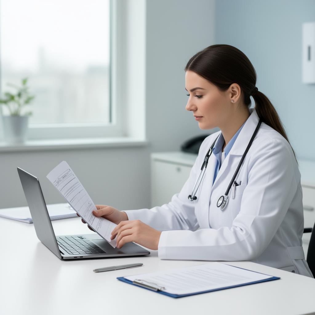 Healthcare provider reviewing documents on a laptop